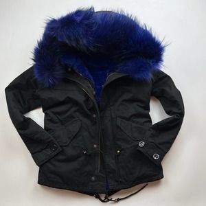 MAOMAOKONG Genuine Fox Racoon Fur Hood collar Jacket Canvas Army womens medium